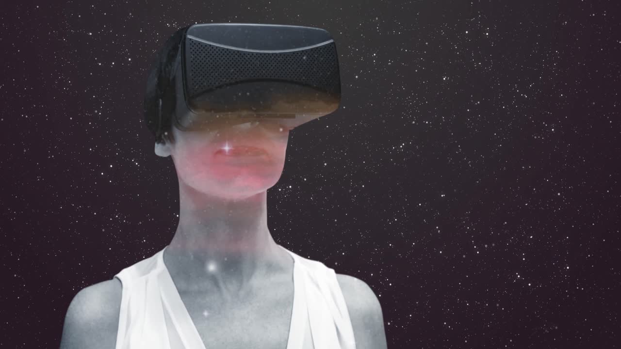 espacio sobre la mujer usando auriculares vr contra las estrellas que brillan en el fondo