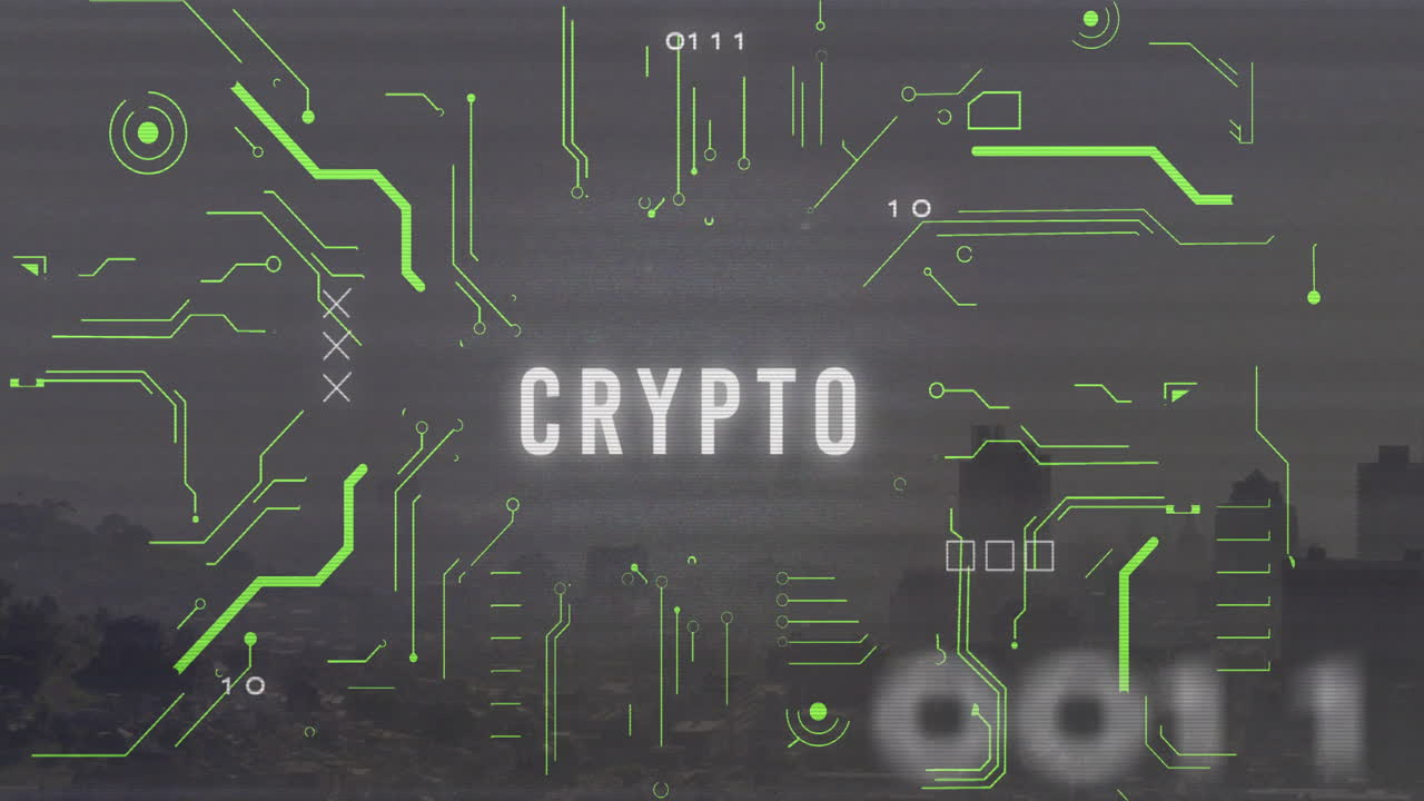 Crypto text glitching over hazy city skyline, floating among binary digits and graphic shapes