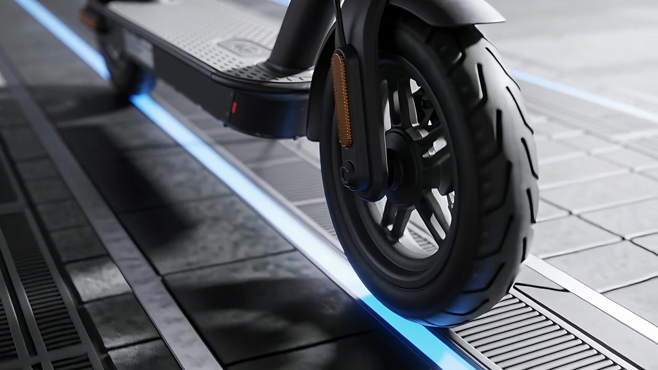 Rolling scooter front wheel moving after motor engaging along walkway, passing blue LED drain grate