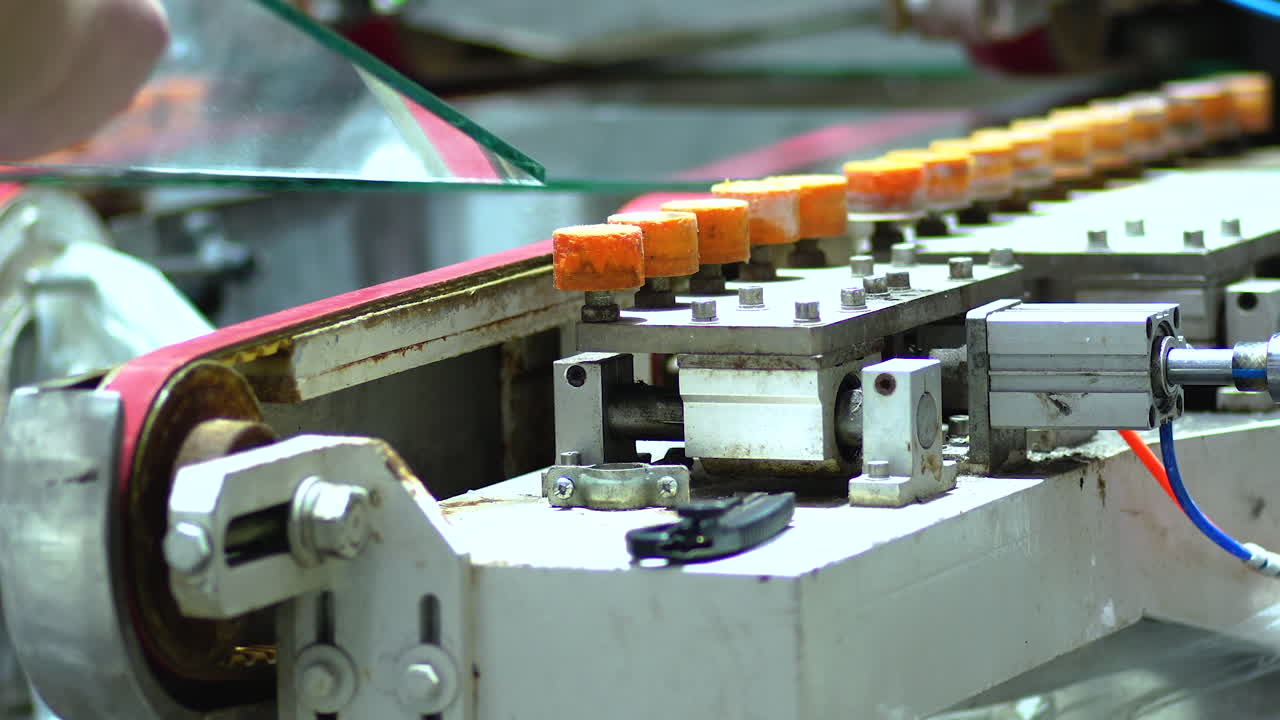 los paneles de vidrio se colocan con cuidado en la correa del convertidor