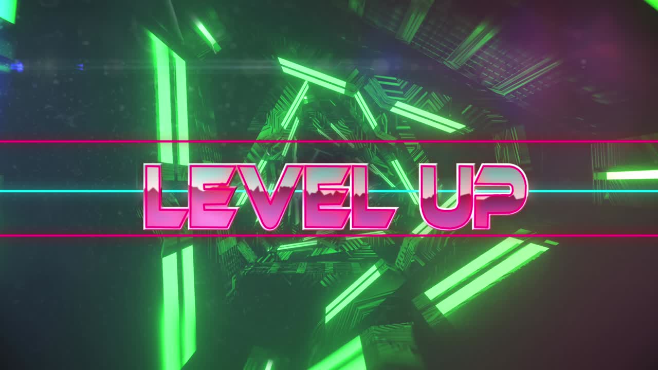 움직이는 디지털 터널 위에 레벨 업 텍스트의 애니메이션