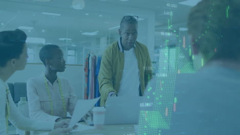 financial data processing animation over diverse fashion designers in meeting