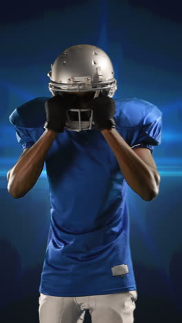 animation of american football player putting helmet on blue glowing background