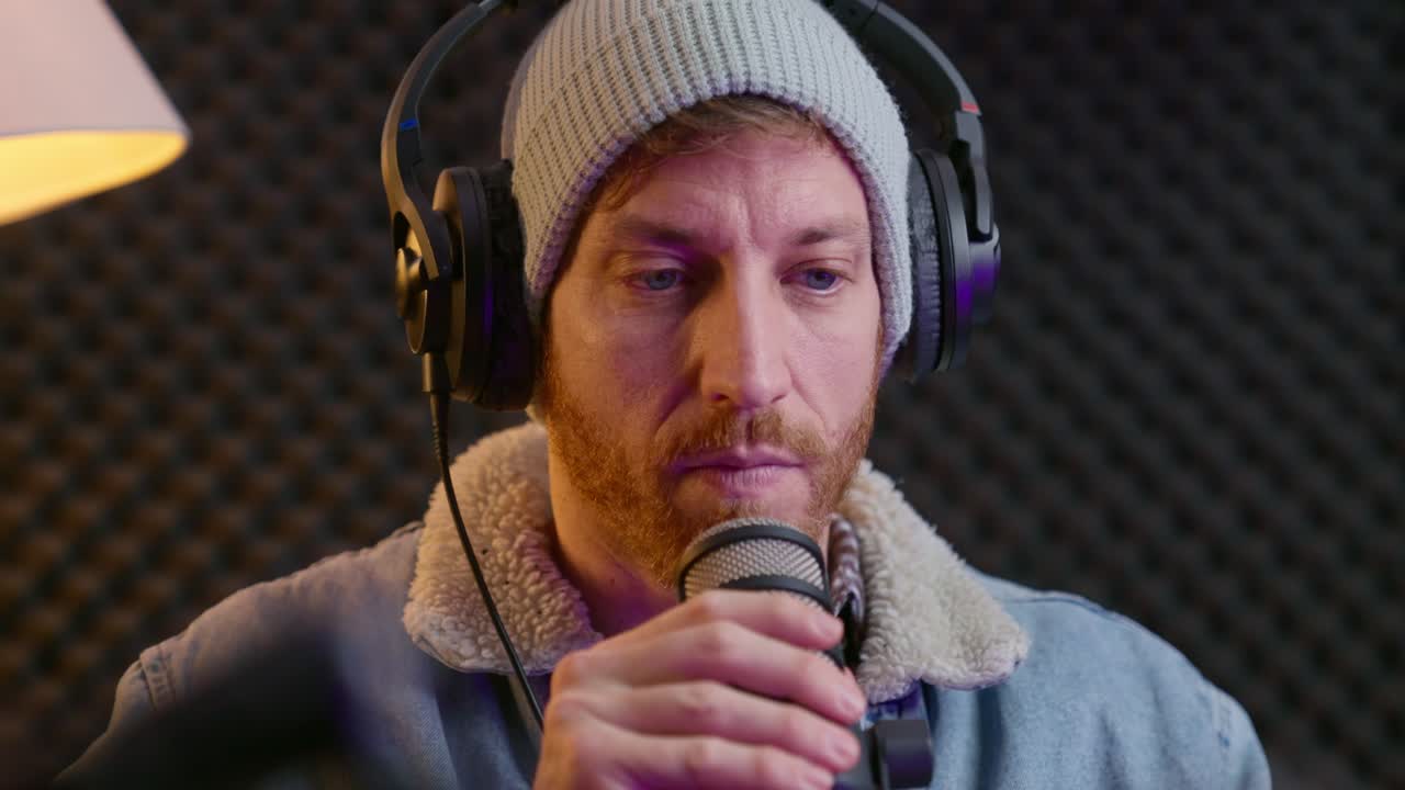 Man setting up professional audio gear in sound studio. Hipster male with beanie hat getting ready to record live streaming of radio voice over or podcast show. Using microphone and headphones indoors