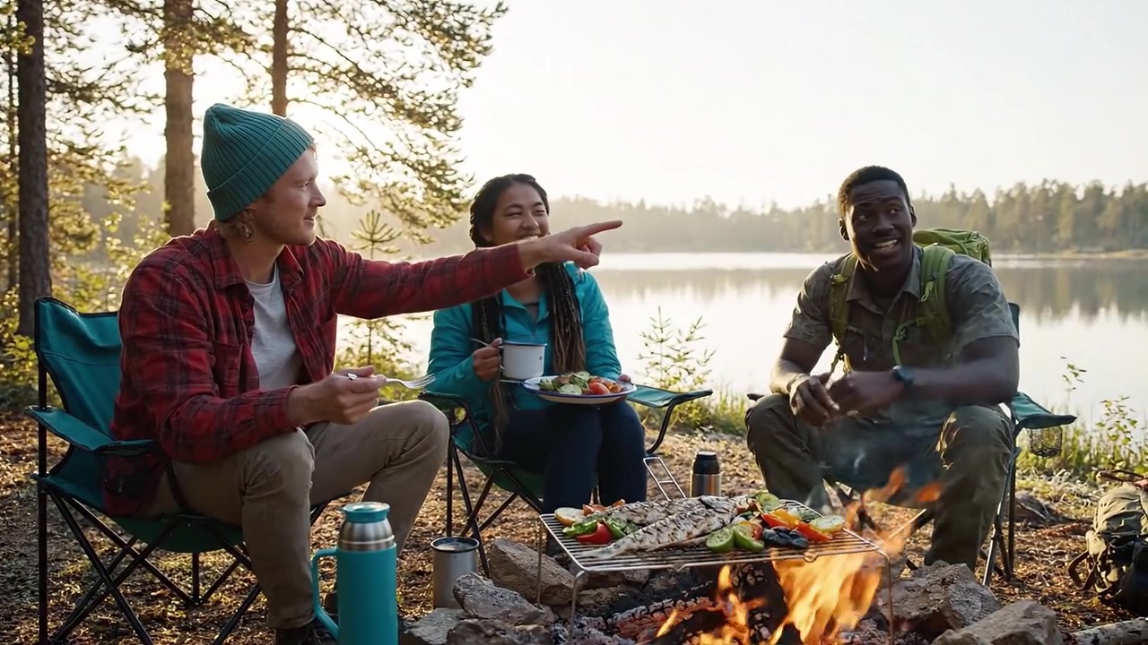 Enjoying a Cozy Campfire Meal with Friends in Nature, Surrounded by Trees and Beautiful Scenery by the Lake at Dusk, Sharing Laughter and Delicious Food