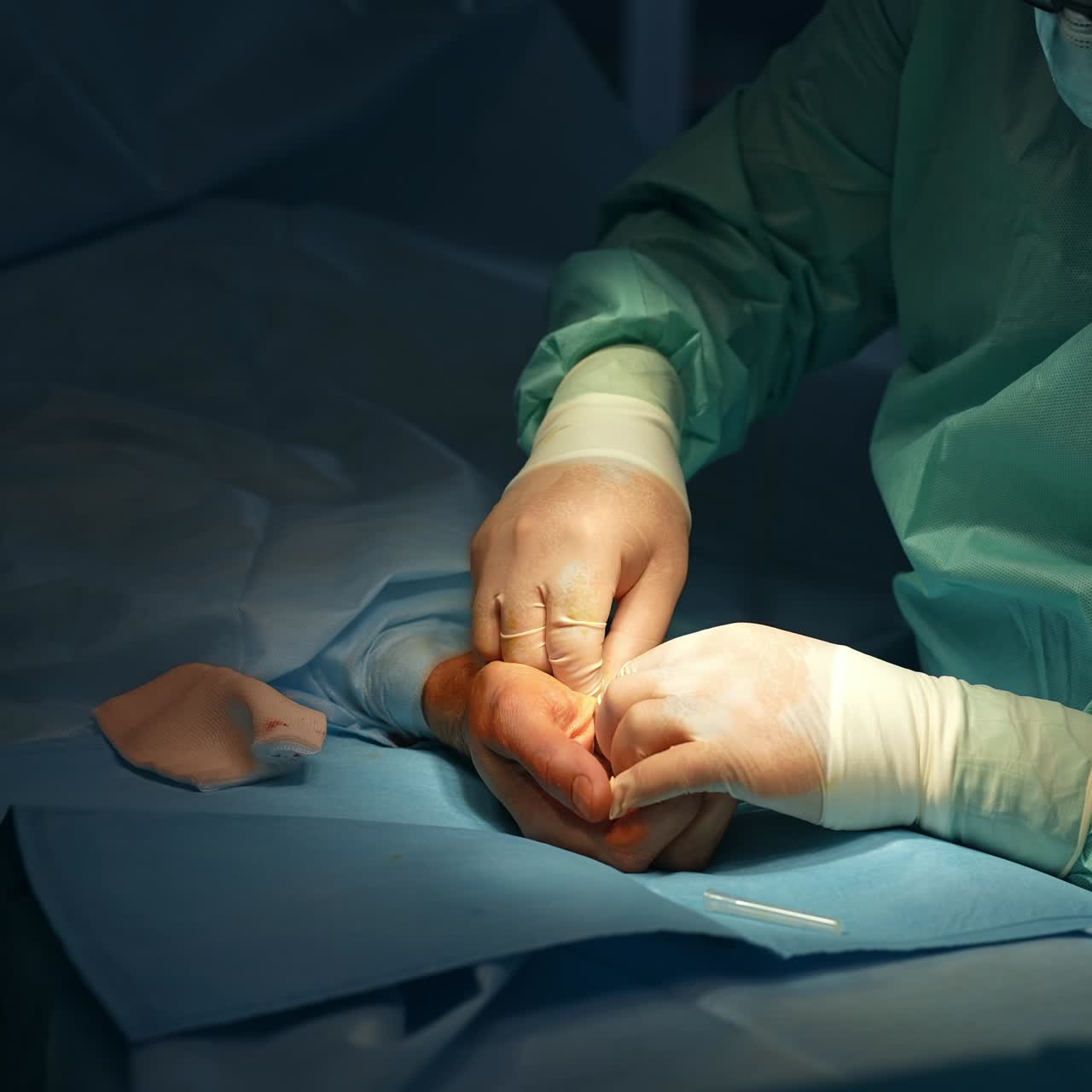 Doctor uses a syringe needle on the patient's hand with marking. Medic preparing patient to surgery in dark room