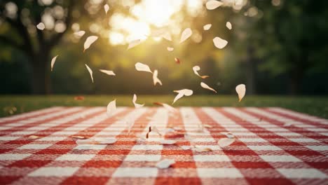 a serene picnic scene captured at sunset, filled with floating petals over a red checkered blanket surrounded by lush greenery, evoking tranquility and delight