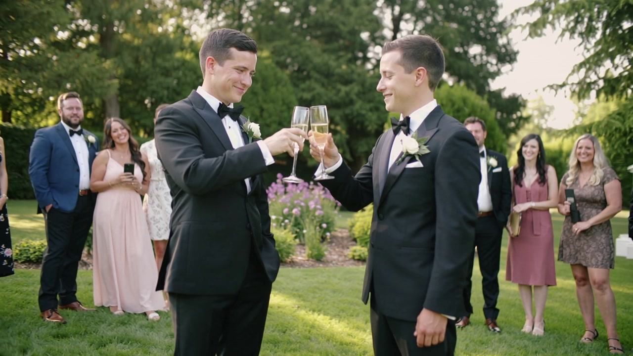 Toast starting two grooms celebrating union, raising flutes, clinking rims on lawn with black tuxes