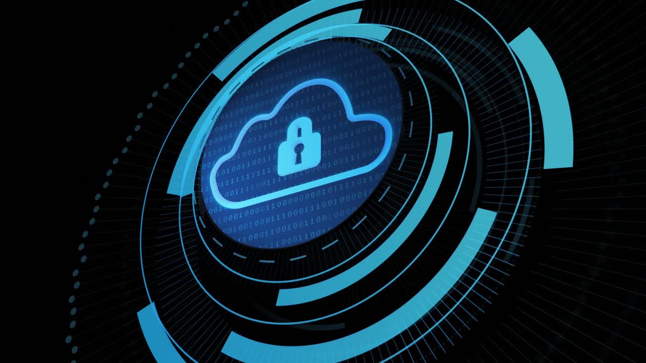 Animation of digital cloud with padlock in processing circle on black background
