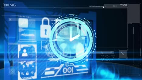 animación de un reloj que se ejecuta en una interfaz digital con datos infográficos