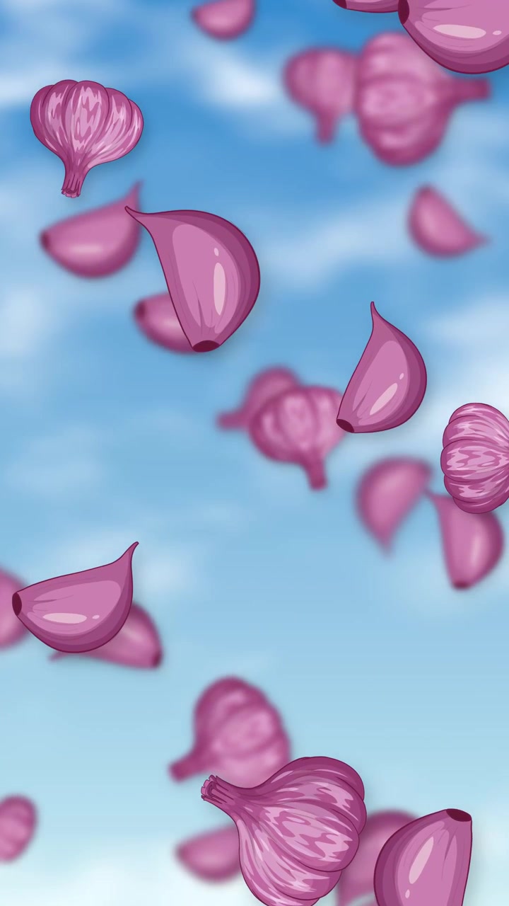 Stylized red garlic bulbs and cloves fall continuously against a bright blue cloudy sky background.