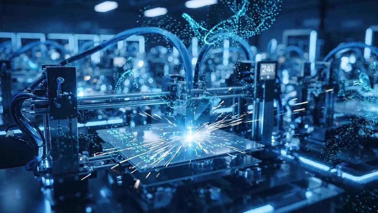Futuristic 3D Printers Manufacturing Circuit Boards in a High-Tech Factory