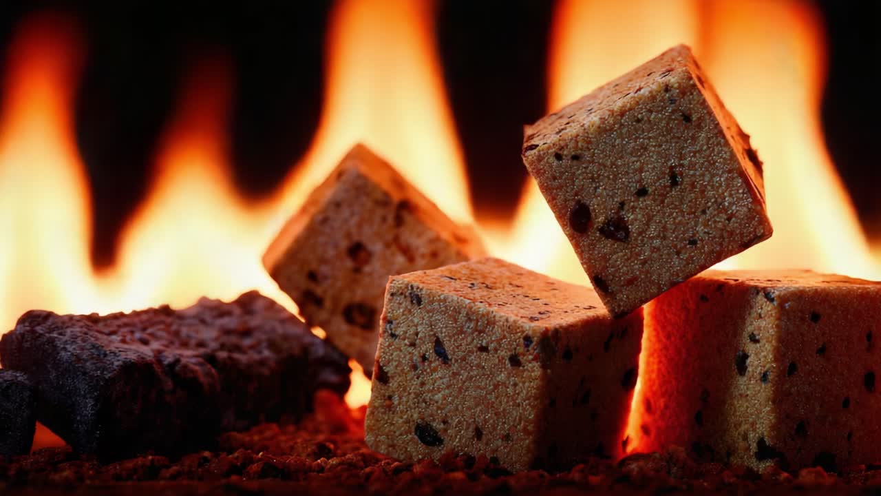 Captivating Glimpse of Sugar Cubes Emblazed in Fiery Glow, Showcasing Dynamic Textures and Vivid Colors Amidst a Cascading Wall of Flames