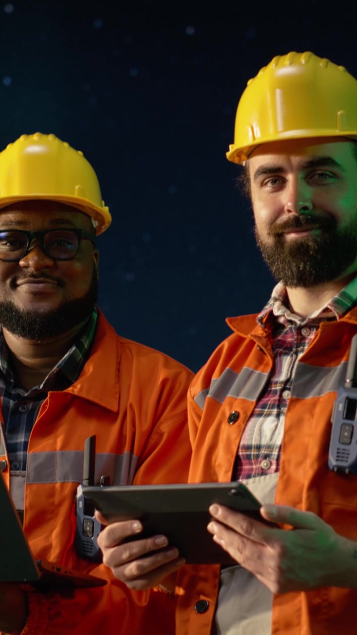Vertical video Cheerful offshore rig crew members monitoring ship resources during oil crisis