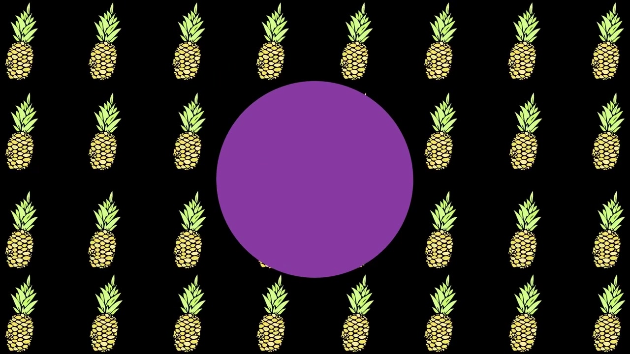 Siyah arka plan üzerinde hareket eden ananas ve mor noktaların animasyonu.