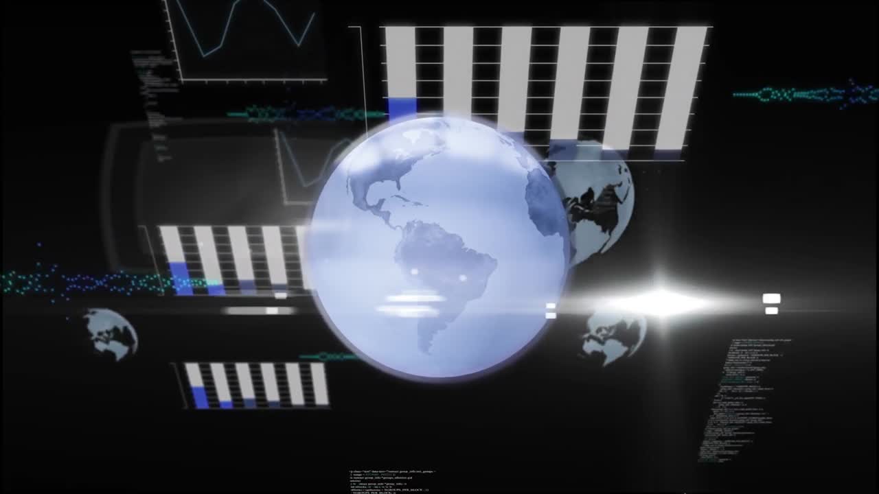 animación de un globo azul que gira sobre la pantalla de la interfaz procesamiento de datos sobre fondo negro