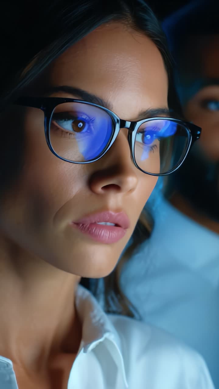 Una donna concentrata con gli occhiali, che mostra intensità e attenzione, immersa in un ambiente accattivante, che mette in risalto la sua espressione e la sua profonda concentrazione mentre lavora