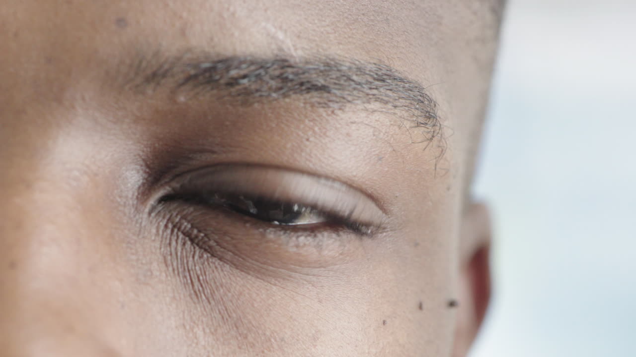 close up african american man eye looking pensive staring at camera eyesight vision