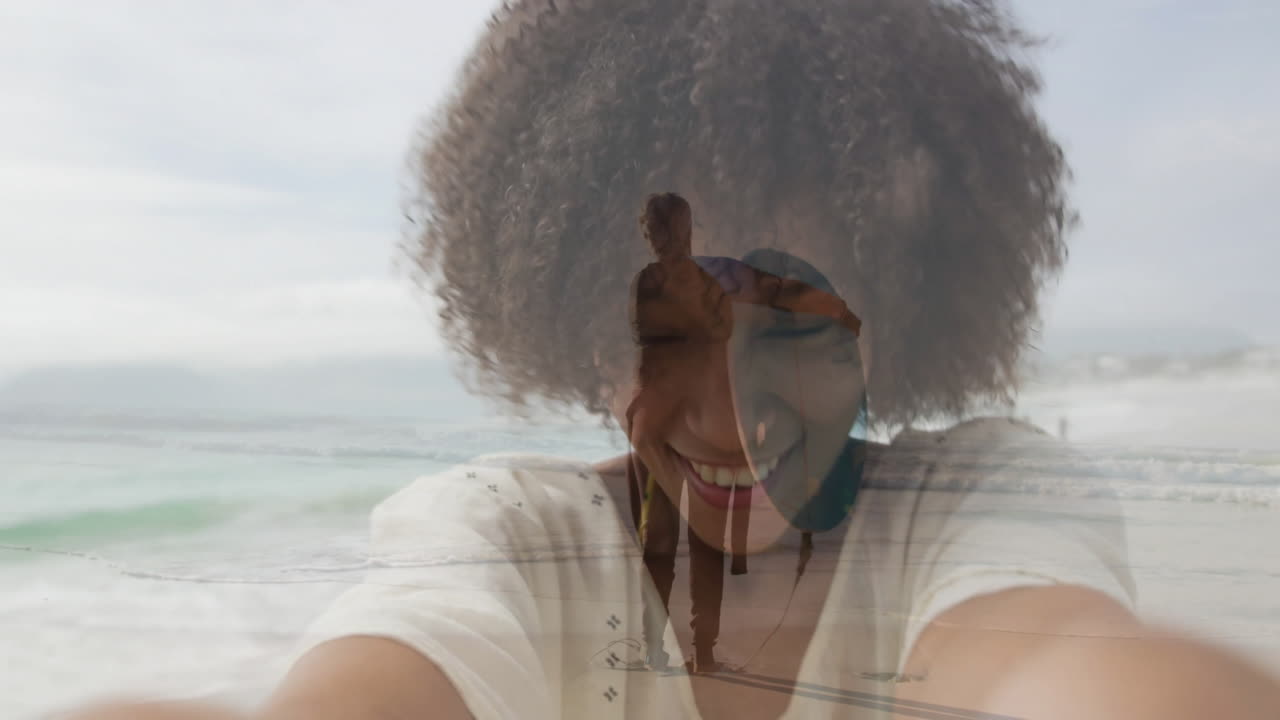 Surfer on beach overlaid on smiling woman with curly hair animation