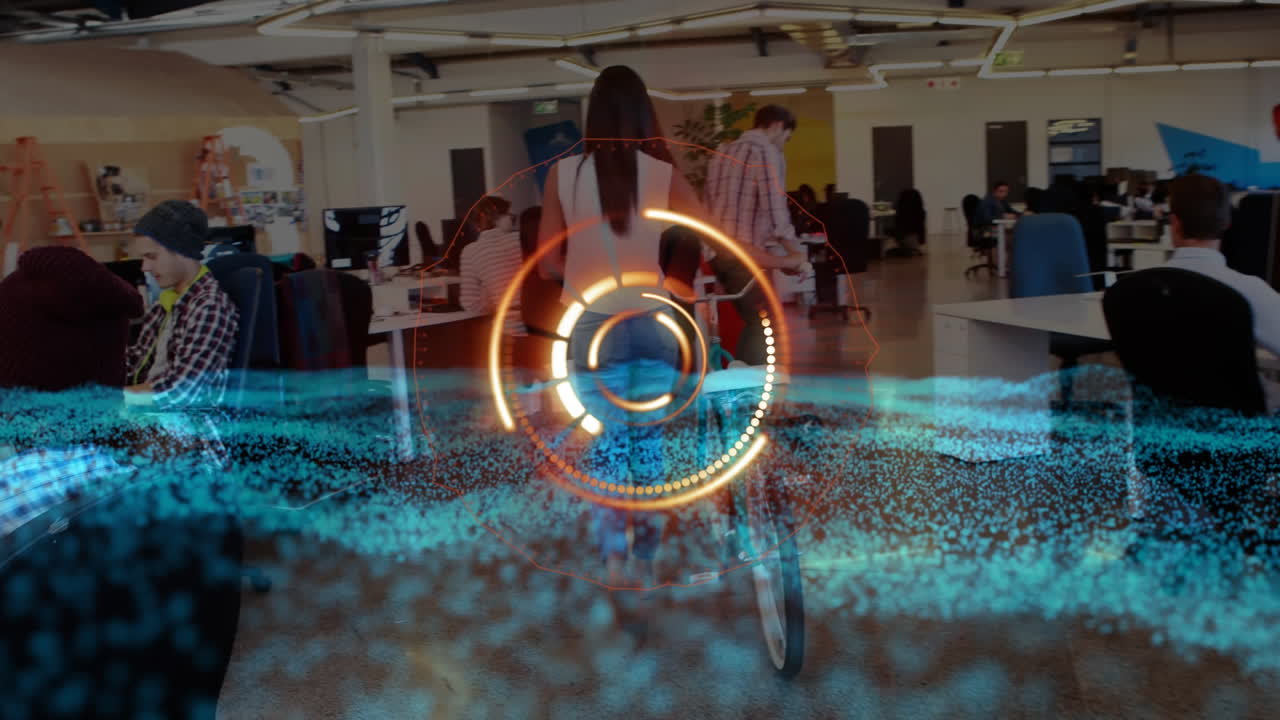 Animation of financial data processing over business people walking