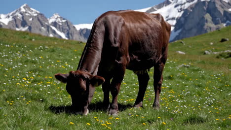 brown cow in alpine meadow