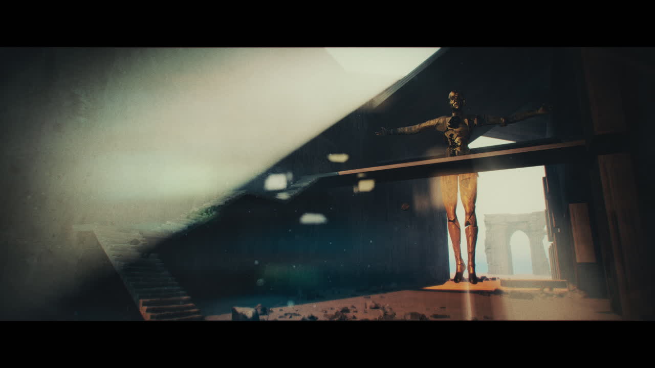 Cyberpunk Figure in Ancient Ruins