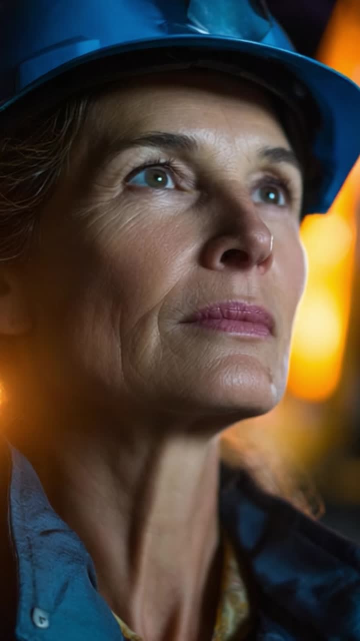 A determined industrial worker gazes up, showcasing resilience and focus in a challenging environment, highlighting strength and commitment to her work