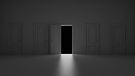 open door among several doors in a dark room with alpha channel