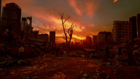 deserted demolished city buildings, after war, sunset time