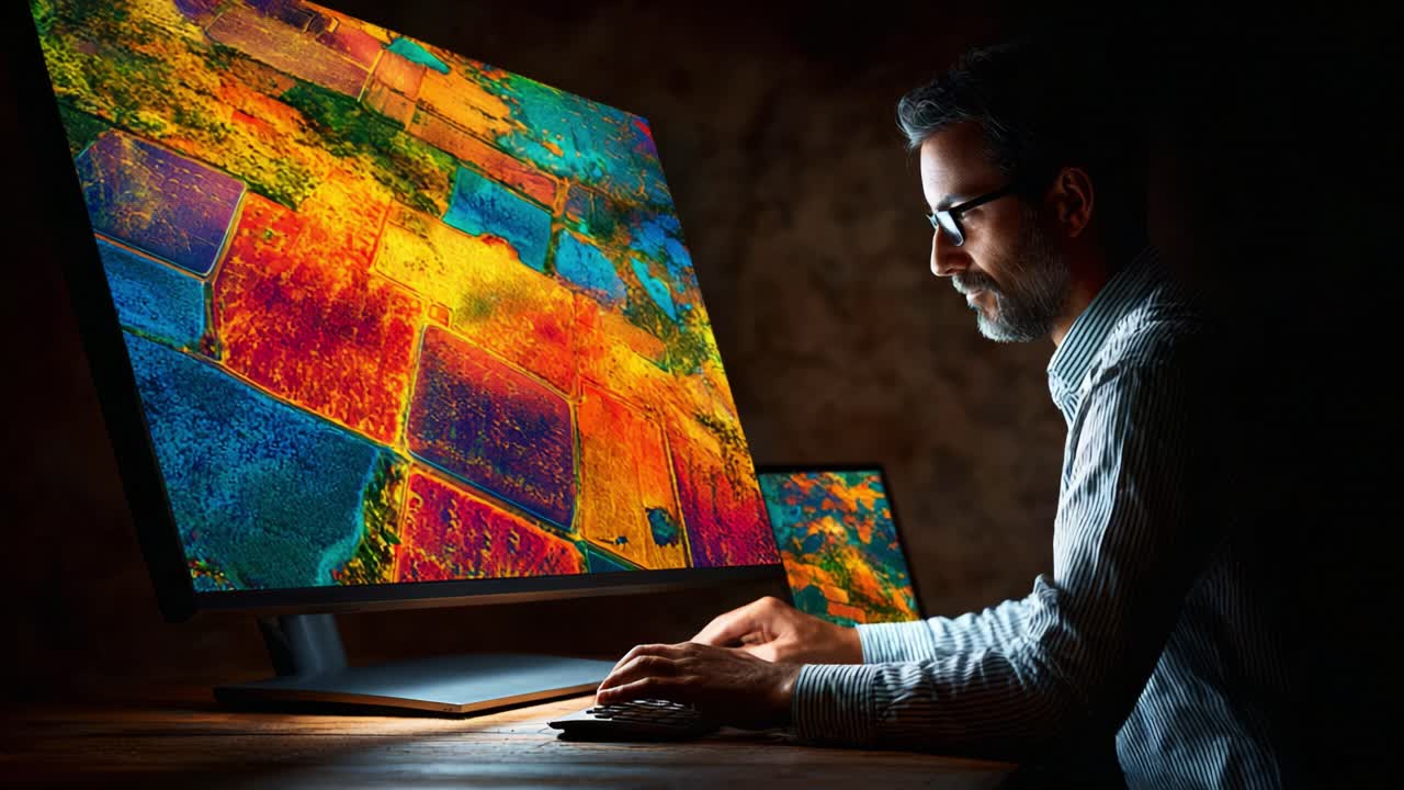 A focused individual working intently at a computer, analyzing vibrant, high-resolution images displayed on modern monitors under low-light conditions, enhancing productivity and creativity