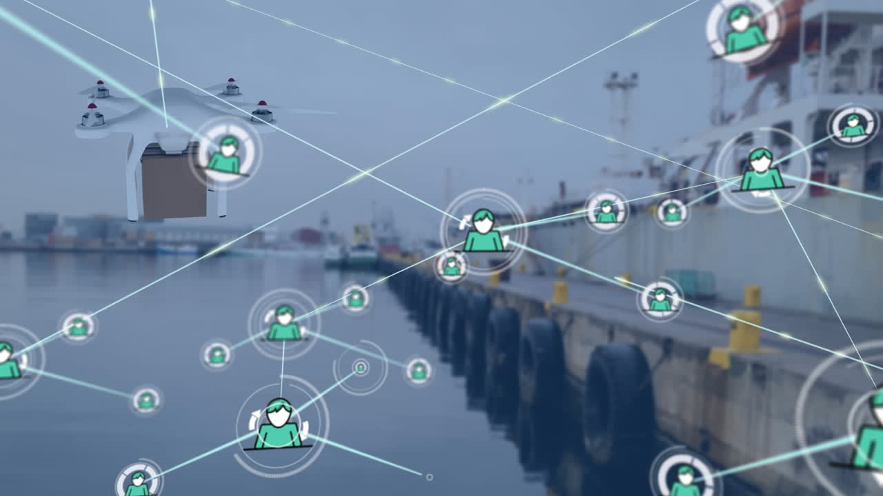 패키지를 운반하는 드론을 통해 아이콘으로 연결된 네트워크의 애니메이션