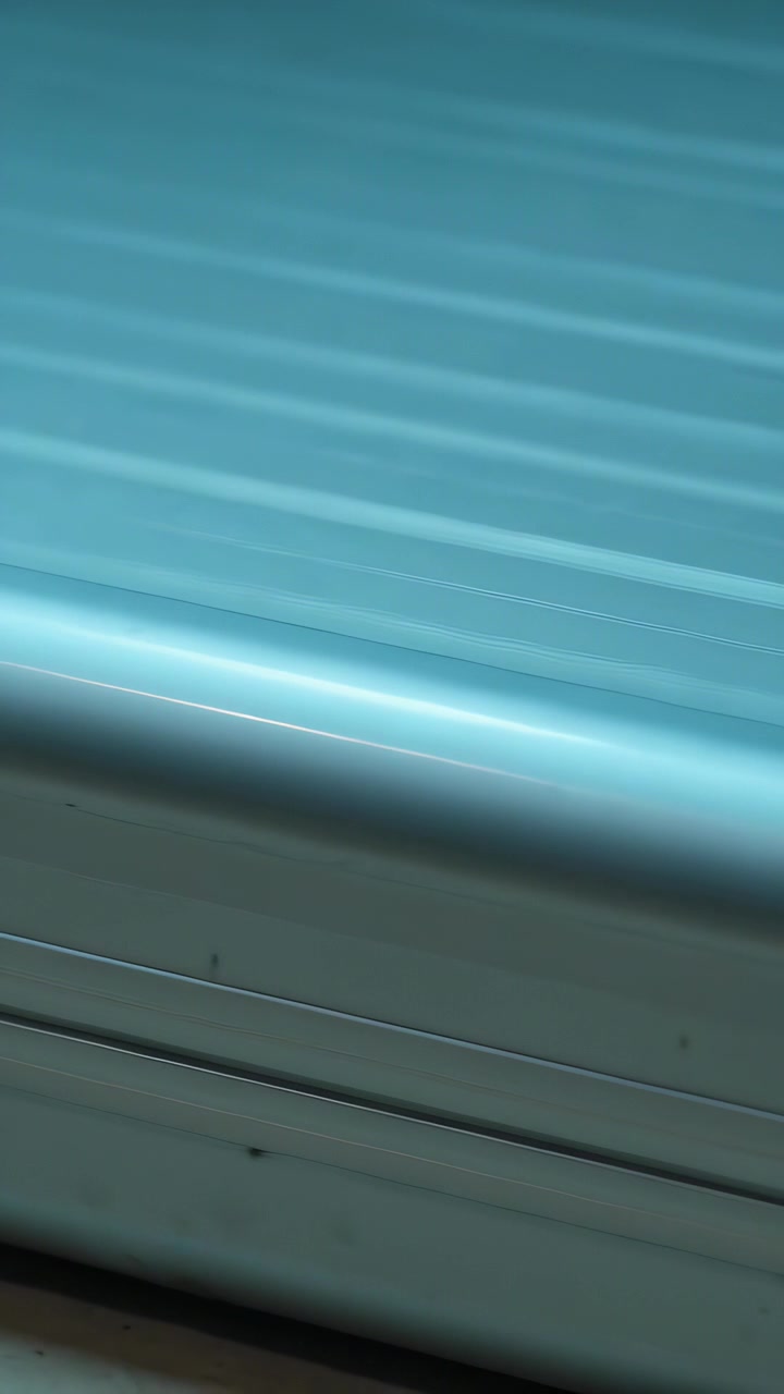 Video verticale: Telecamera che si muove in alto a destra, rivelando una custodia rigida color verde acqua su un pavimento chiaro, con graffi visibili.
