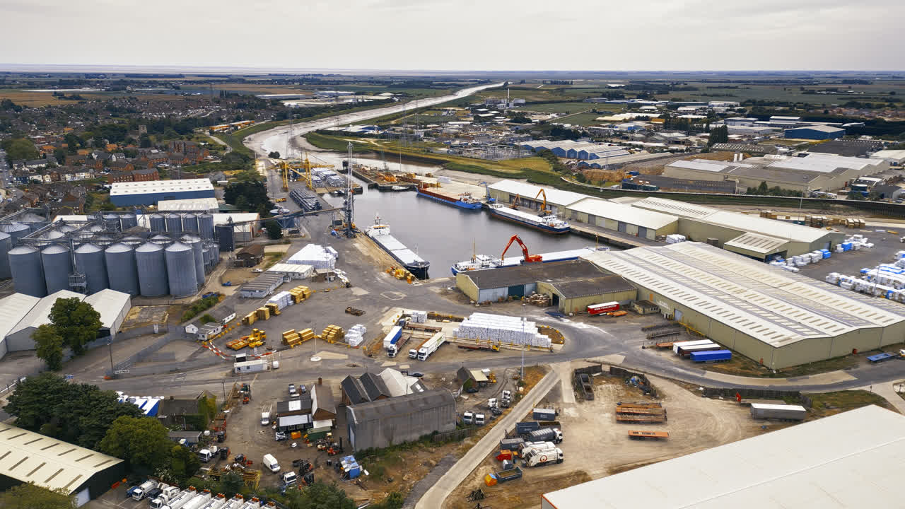 Breathtaking aerial drone footage displays Boston, Lincolnshire: Port, ships, Saint Botolph Church , Saint Botolph&rsquo;s Bridge