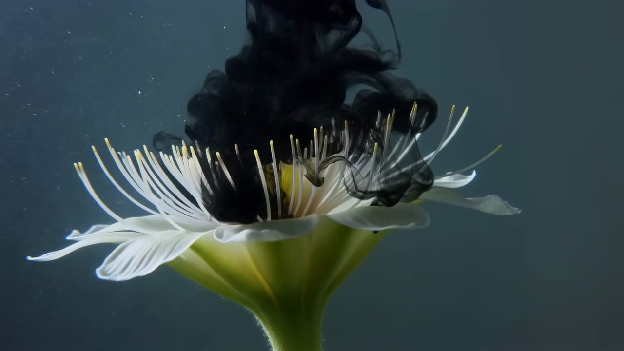 Tett svart blekk faller ovenfra og krøller seg rundt fine hvite blomstertråder, og skjuler gradvis blomsten mens den grønne stilken og det blågrå vannet forblir synlige
