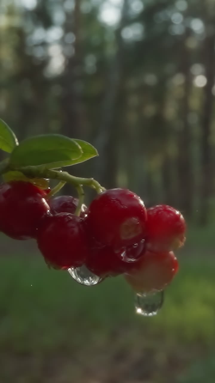 la luz del amanecer se filtra a través de un bosque en grosellas rojas húmedas con una estrella solar
