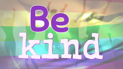 animation of be kind text over rainbow flag and jumping people