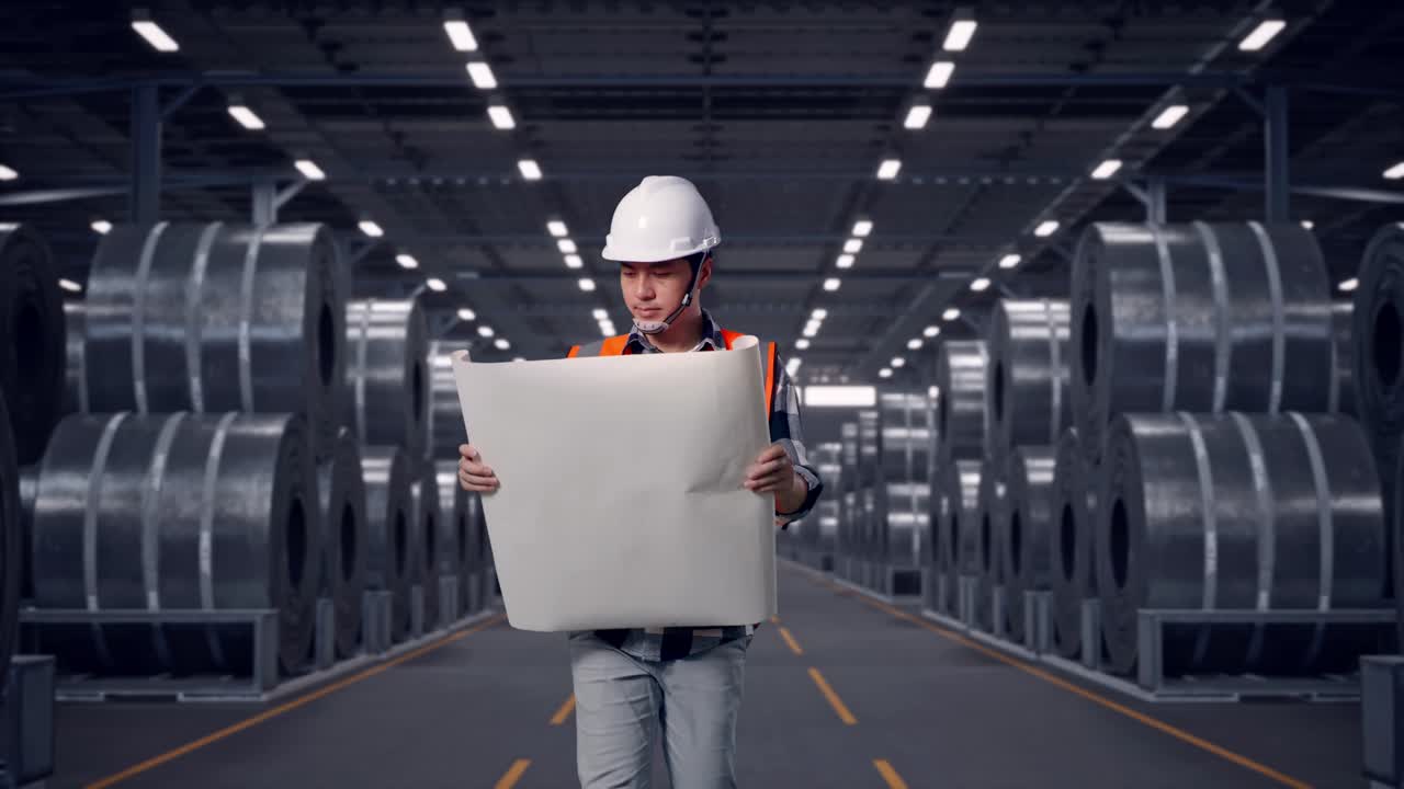 Front View of Asian Male Engineer Looking At Blueprint In His Hands While Walking in Warehouse of of Huge Metal Steel Coils