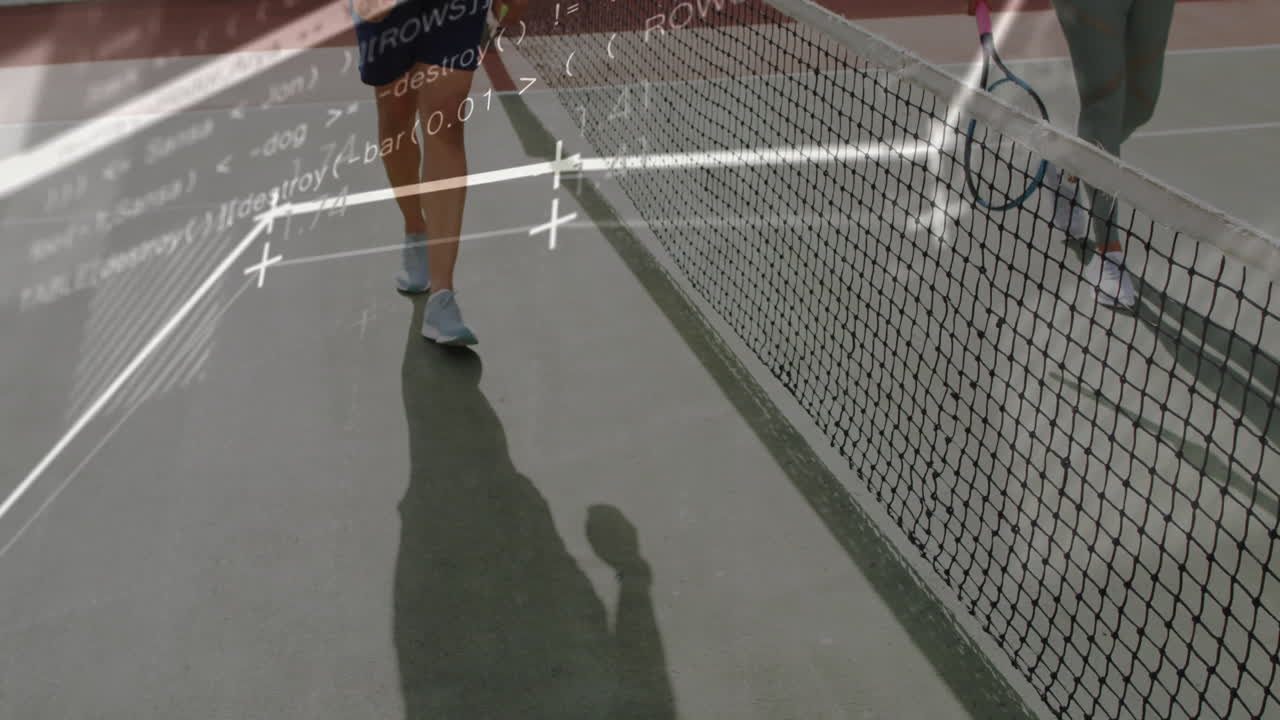 Senior man and woman playing on tennis court, showing sports analytics charts and code overlays