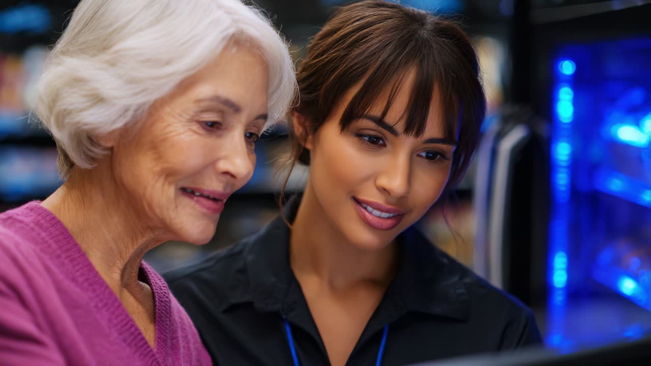 A Heartwarming Moment of Connection Between Two Generations, Showcasing the Joy of Learning as a Young Woman Assists an Elderly Lady with Technology in a Friendly Environment, Highlighting Friendship and Support