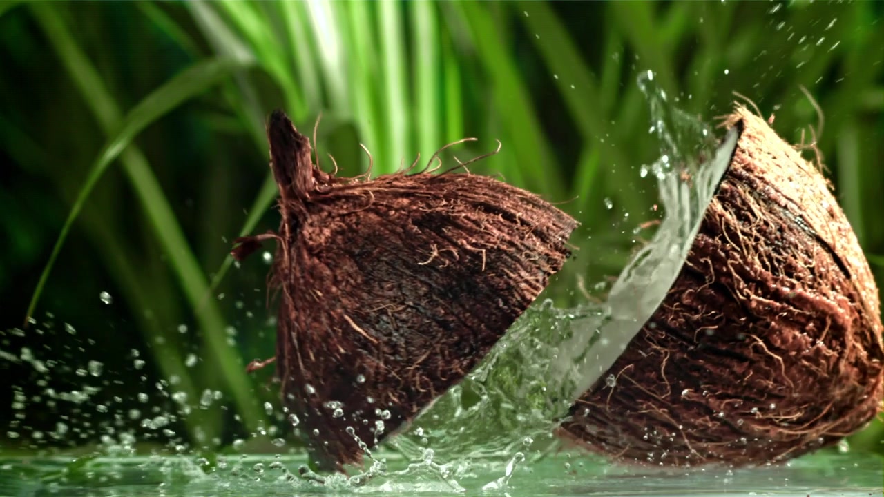 Slow Motion Coconut Being Cut in Water with Splashes