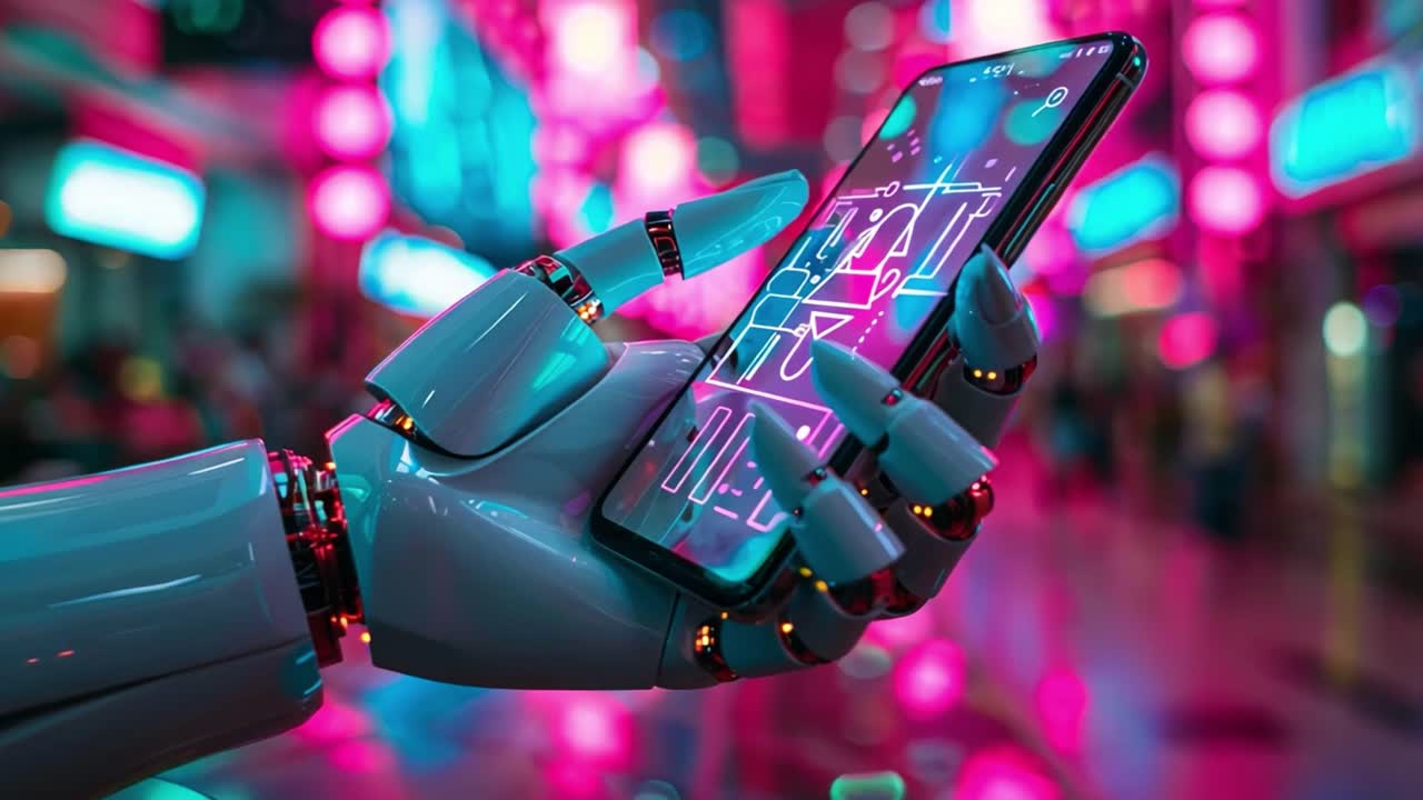 A futuristic robot hand holding a smartphone in a neon-lit city