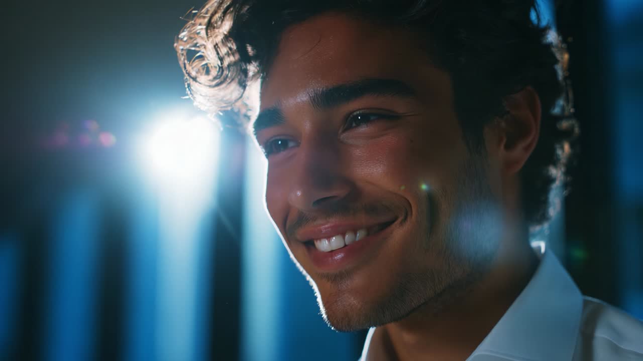 Radiant Smile Illuminated by Soft Light: A Close-up Moment Capturing a Young Man's Joyful Expression with Gleaming Skin and Wavy Hair Against a Blurred Background in a Captivating Photography Setting