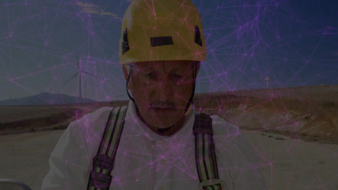 Field technician performing pre-climb harness check for turbine work, purple overlay tracing straps