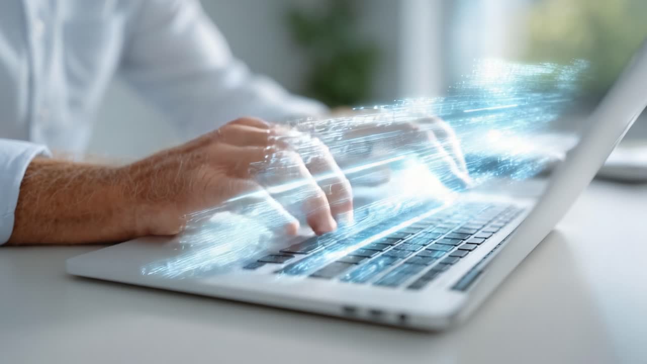 A Person Typing on a Laptop with Digital Effects Suggesting Fast Data Processing and Communication in a Modern Workspace Environment