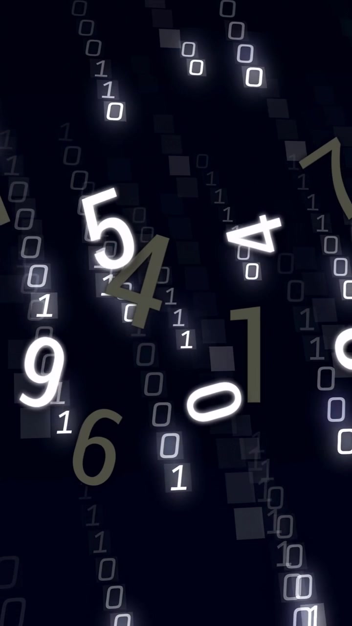 Vertical video: Top binary glow sparking cascade, digits falling and rotating, forming data curtain