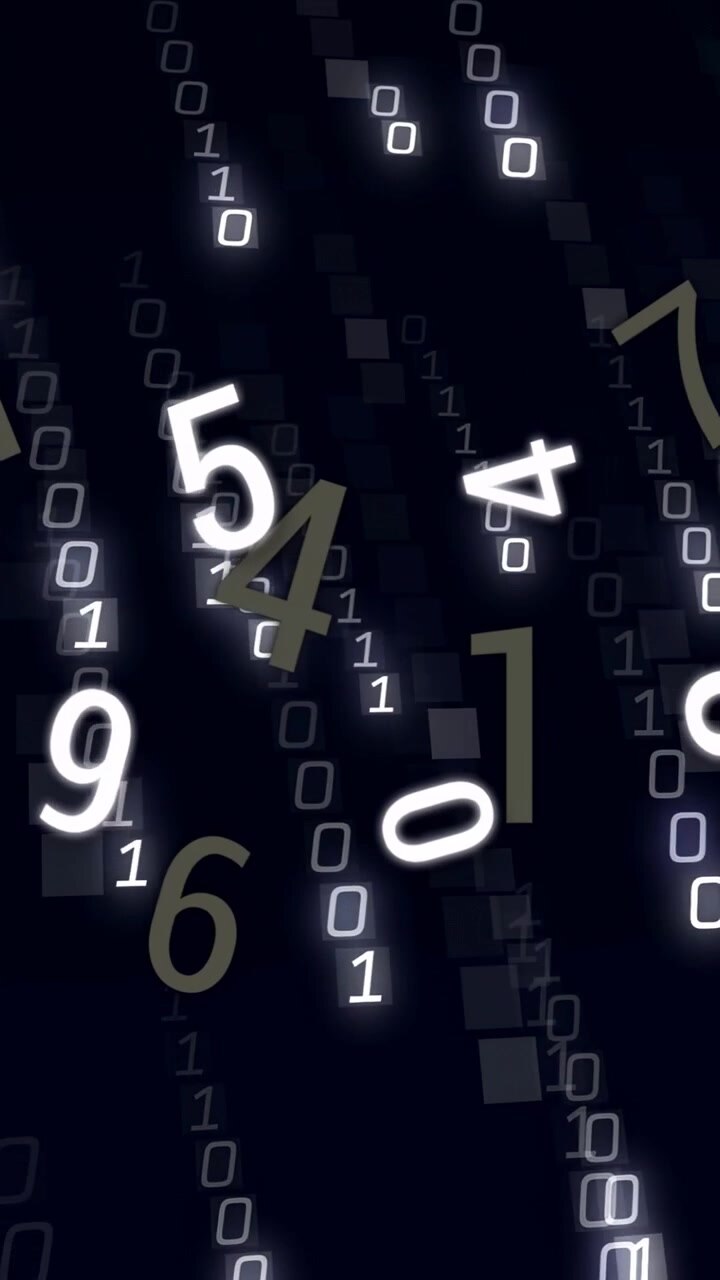 Vertical video: Top binary glow sparking cascade, digits falling and rotating, forming data curtain