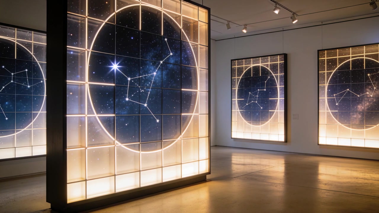 Mostrando painel divisor retroiluminado reagindo a um ponto de estrela brilhante em galeria, atraindo o olhar para mapas estelares.