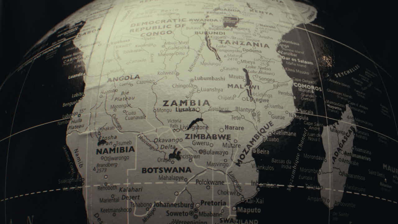 Close-up view of a world map, focusing on Southern Africa