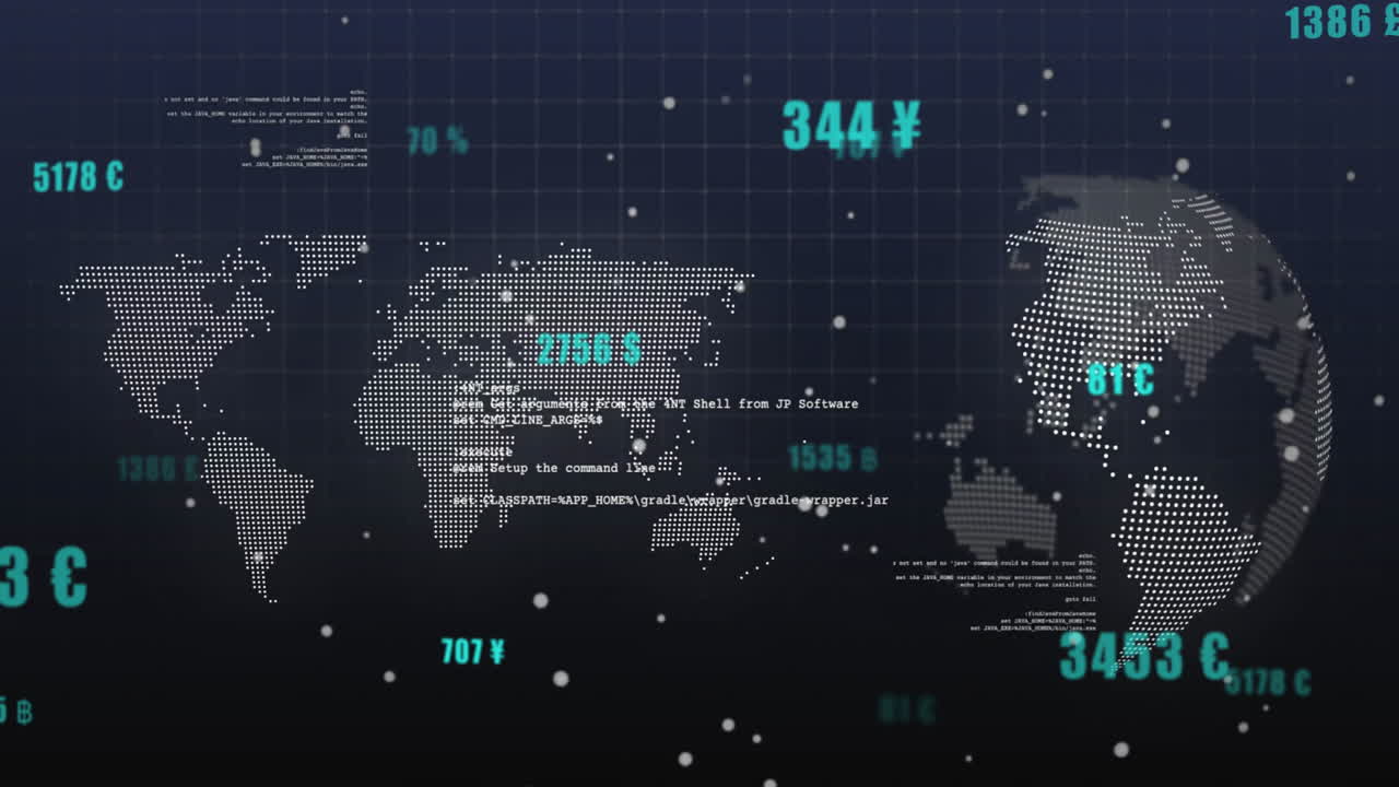 World map with currency symbols and data processing animation over grid background