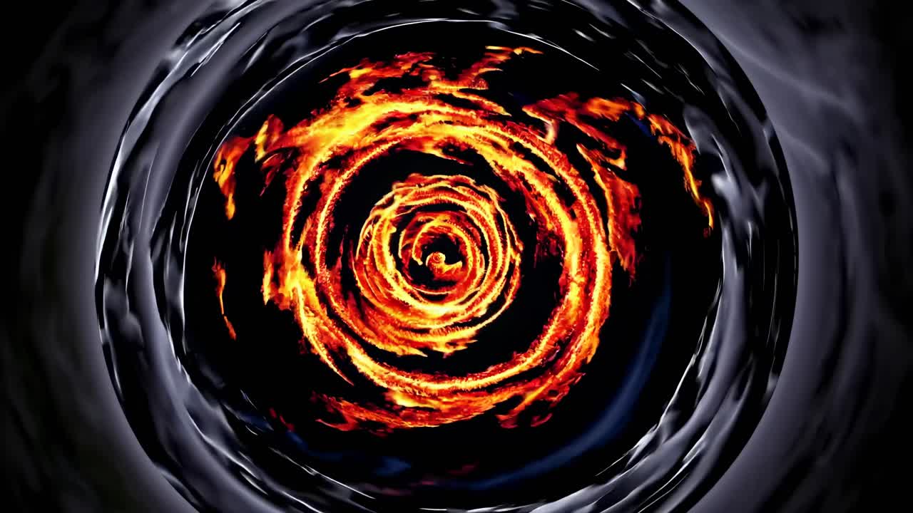 Vista aerea di un vortice a spirale infuocato circondato da motivi scuri vorticosi, che crea un effetto dinamico